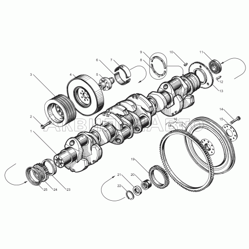 Коленчатый вал и маховик двигателей ЯМЗ-8502.10, ЯМЗ-8502.10-08, ЯМЗ-8503.10