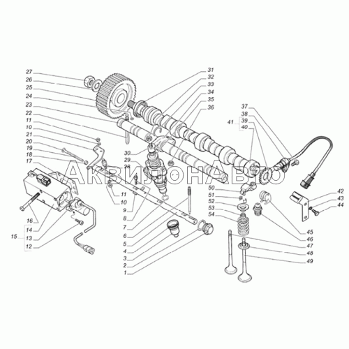 Вал распределительный, ось коромысел, насос-форсунки и клапаны, сервомагнит с датчиком положения рейки и датчик числа оборотов системы управления двигателем Вал распределительный, ось коромысел, насос-форсунки и клапаны, сервомагнит с датчиком положения рейки и датчик числа оборотов системы управления двигателем