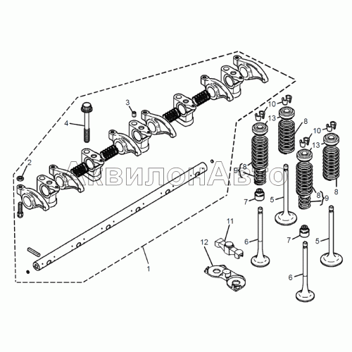 Клапаны, коромысла, ось коромысел