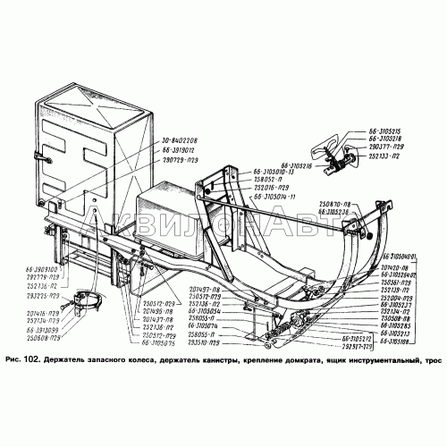 Держатель запасного колеса, держатель канистры, крепление домкрата, ящик инструментальный, трос