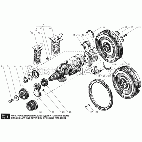 Коленчатый вал и маховик двигателя ЯМЗ-236М2