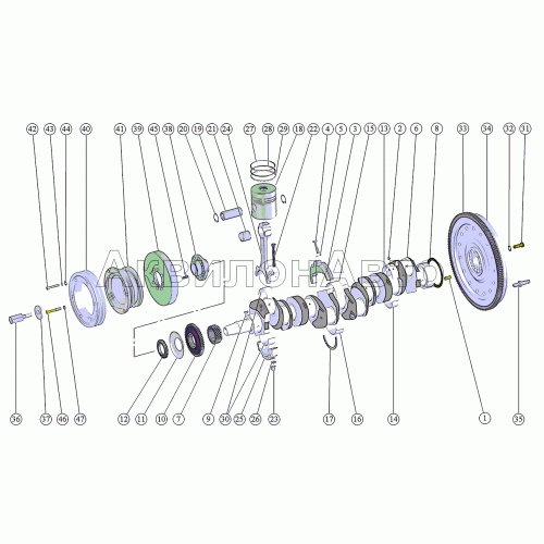 Кривошипно-шатунный механизм. Установка маховика. Установка шкива коленчатого вала (Д-260.7С-556) Кривошипно-шатунный механизм. Установка маховика. Установка шкива коленчатого вала (Д-260.7С-556)