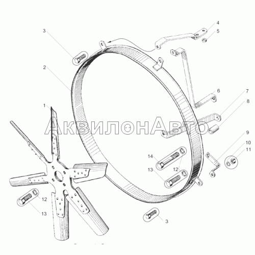 Вентилятор и кожух вентилятора (ЯМЗ-238М2-20, ЯМЗ-238М2-26, ЯМЗ-238М2-38, ЯМЗ-238М2-48)