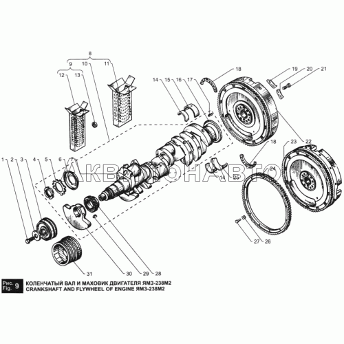 Коленчатый вал и маховик двигателя ЯМЗ-238М2