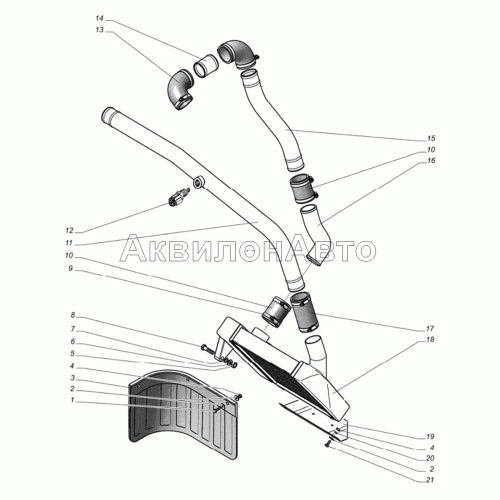 Охладитель наддувочного воздуха с патрубками, фартук заднего брызговика Охладитель наддувочного воздуха с патрубками, фартук заднего брызговика