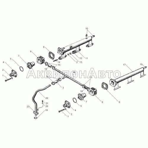 Трубы водяные и термостаты системы охлаждения двигателей с общими головками цилиндров