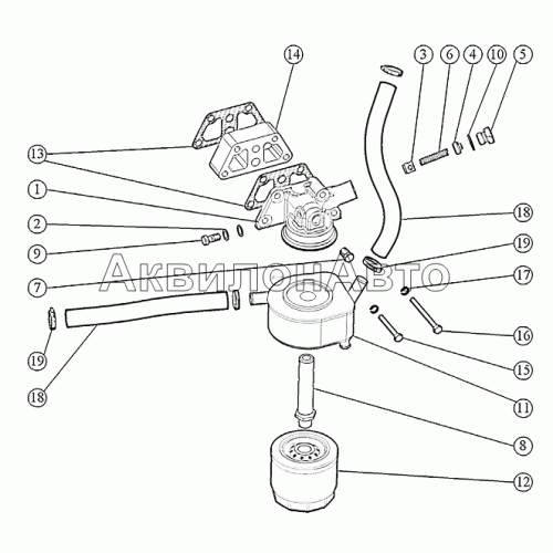 Установка масляного фильтра с жидкостно-масляным теплообменником. Установка патрубков ЖМТ. Установка масляного фильтра с жидкостно-масляным теплообменником. Установка патрубков ЖМТ.