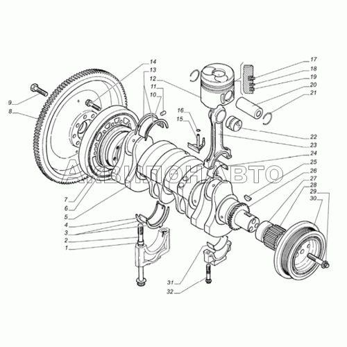 Вал коленчатый, поршни и шатуны двигателя, кольцо опорное заднее Вал коленчатый, поршни и шатуны двигателя, кольцо опорное заднее