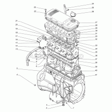 Блок цилиндров, картер двигателя, корпус распределительного вала, крышка маслосливного отверстия, штифтовые запальные свечи